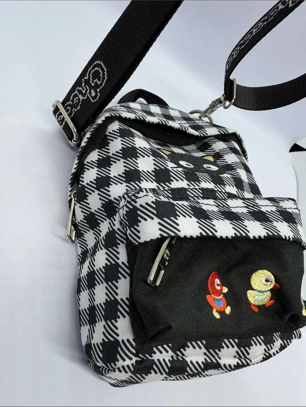 Sanrio Black & White Plaid Mini Backpack with Kuromi-style Cat Patch